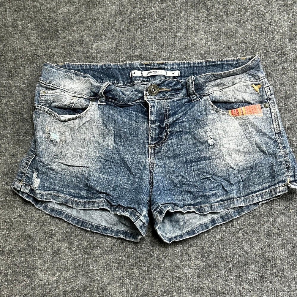 Grane Denim Shorts Womens Size 11 Blue Distressed Low Rise Embroidered Casual